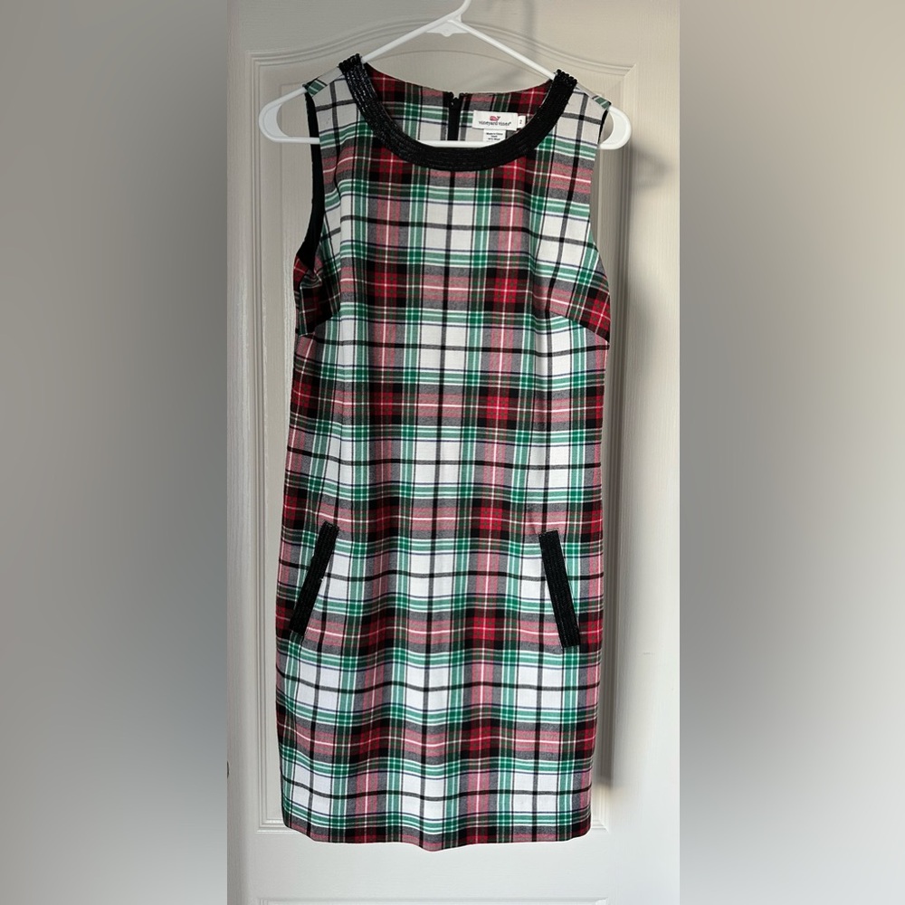 Women’s Vineyard Vines Christmas Plaid Sequin Trim Sleeveless Shift Dress